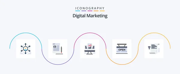 Digital Marketing Flat Icon Pack Including Store Open Article Data — Stok Vektör