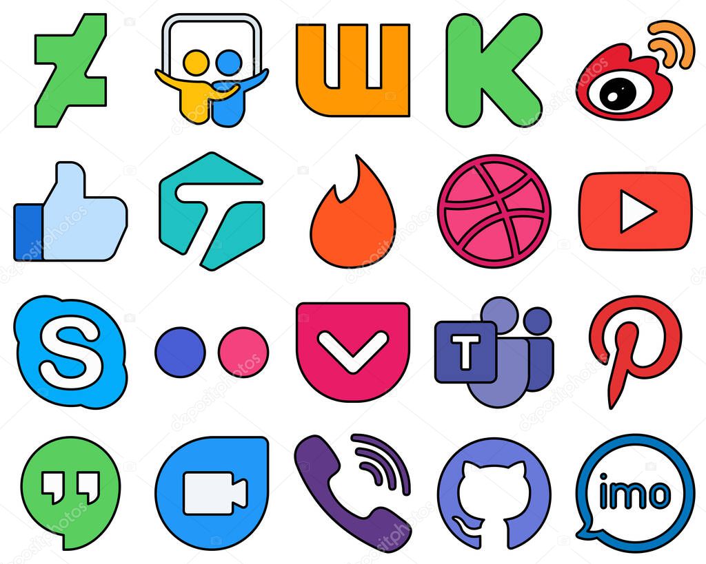 20 Modern Line Filled Social Media Icons such as chat. video. youtube and tinder Professional and elegant