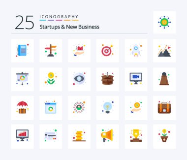 Startups And New Business 25 Flat Color icon pack including rocket. target. analysis. goal. marketing
