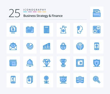 Business Strategy And Finance 25 Blue Color icon pack including bag. japanese. appointment. japan. math