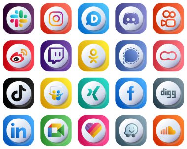 20 Cute 3D Gradient High Quality Social Media Icons such as mesenger. odnoklassniki. twitch and china icons. Professional and Customizable