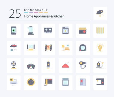 Home Appliances And Kitchen 25 Flat Color icon pack including music. robbot. stove. washing. laundry