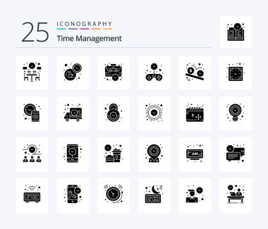 Time Management 25 Solid Glyph icon pack including deadline. solid. bag. game. time