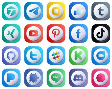20 Cute 3D Gradient Social Media Brand Icons such as video. tiktok. xing and facebook icons. Customizable and Stylish