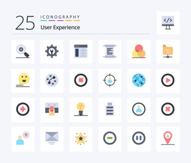 User Experience 25 Flat Color icon pack including files. wheel. web page. rgb. script
