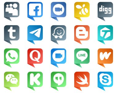 20 Elegant Chat bubble style Social Media Icons such as tagged. blogger. swarm. waze and messenger icons. Minimalist and high resolution