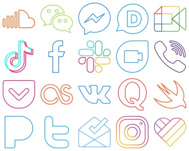 20 Fully editable and versatile Colourful Outline Social Media Icons such as facebook. china. disqus. video and tiktok Editable and high-definition