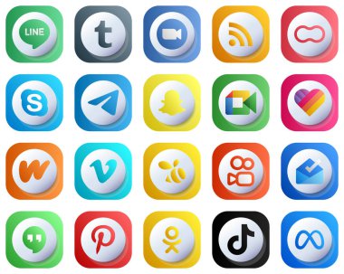 Cute 3D Gradient Social Media Brand Icon Set 20 icons such as google meet. peanut. messenger and chat icons. Editable and High-Quality