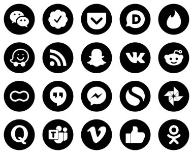 20 Premium White Social Media Icons on Black Background such as facebook. google hangouts. feed. women and peanut icons. Elegant and unique