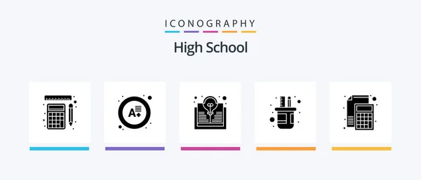 High School Glyph Icon Pack Including File Accounting Book Scale — Stok Vektör