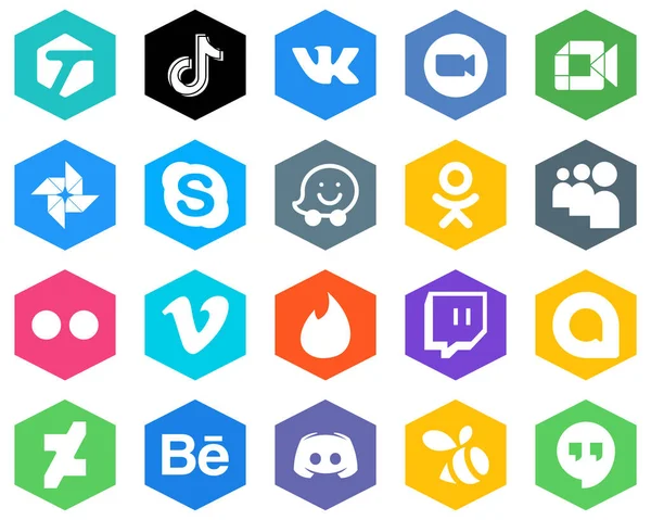Hexagon Flat Color White Icon Set Waze Skype Video Google — Wektor stockowy