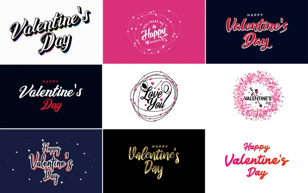 Hand Drawn Black Lettering Valentine Day Pink Hearts White Background — Vetor de Stock