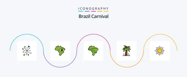 Brazil Carnival Line Filled Flat Icon Pack Including Brazil Map — Stock vektor