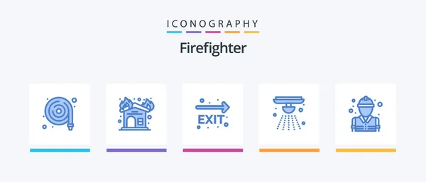 Firefighter Blue Icon Pack Including Fire Fire Exit Bell Alarm — Vector de stock