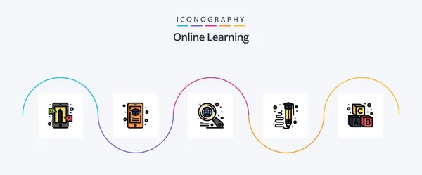 Online Learning Line Filled Flat Icon Pack Including Alphabet Pencil — Stok Vektör