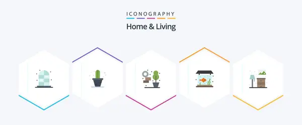 Home Living Flat Icon Pack Including Furniture Plant Living Tank — Vector de stock
