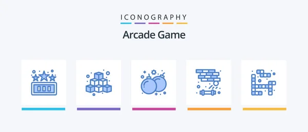 Arcade Blue Icon Pack Including Tetris Game Play Breaker Play — Stock Vector