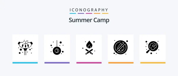 Summer Camp Glyph Icon Pack Including Pan Campfire Cooking Camping — Stok Vektör