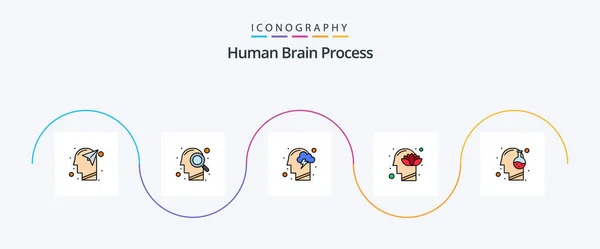 Human Brain Process Line Filled Flat Icon Pack Including Lotus — Stockvector