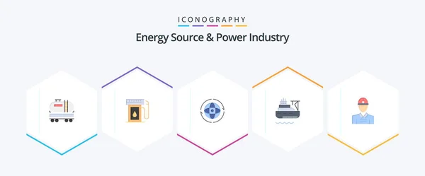 Energy Source Power Industry Flat Icon Pack Including Construction Cargo — Wektor stockowy