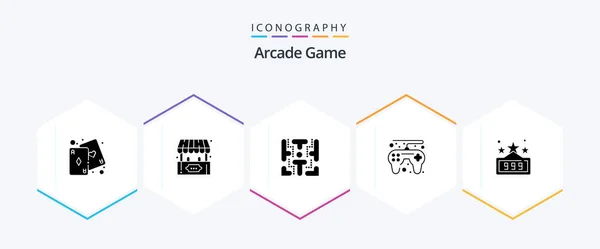 Arcade Glyph Icon Pack Including Game High Score Maze Play — Stok Vektör
