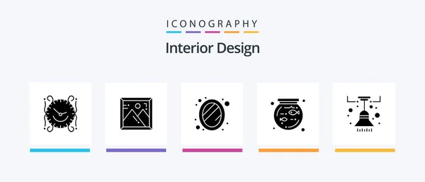 Interior Design Glyph Icon Pack Including Lamp Chandelier Interior Pet — 图库矢量图片
