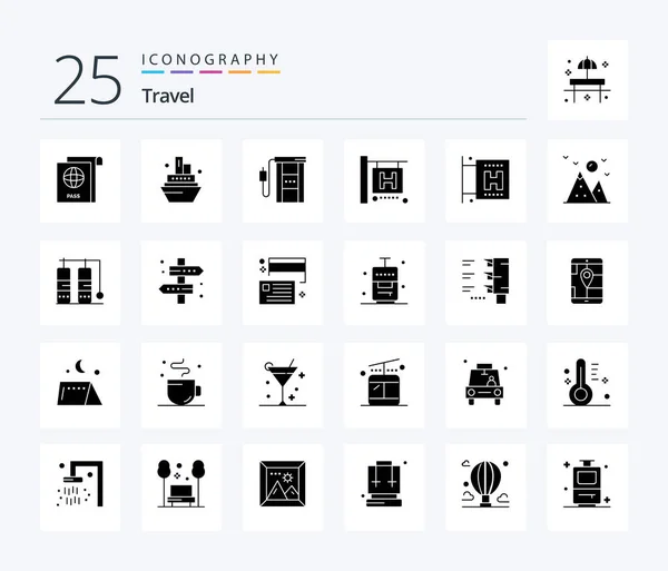 Travel Solid Glyph Icon Pack Including Mountain Hill Gas Station — Archivo Imágenes Vectoriales