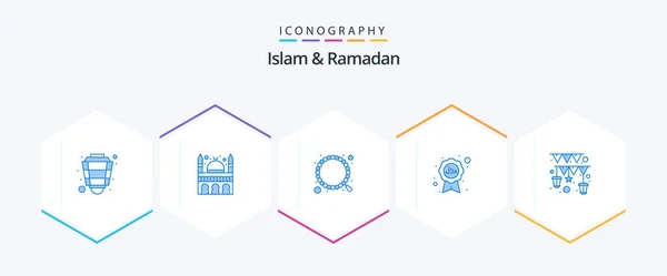 Islam Dan Ramadhan Ikon Biru Termasuk Karangan Bunga Pita Muslim - Stok Vektor