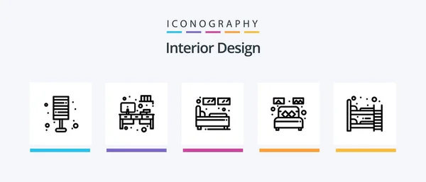 Interior Design Line Icon Pack Including Decoration Lamp Desk Furniture — Stockvektor