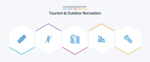 Tourism Outdoor Recreation Blue Icon Pack Including Light Boot Map — Vetor de Stock