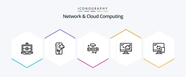 Network Cloud Computing Line Icon Pack Including Transfer Mobile Databases — 图库矢量图片