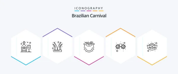 Brazilian Carnival Line Icon Pack Including Mask Party Joker Cap — Stockvektor