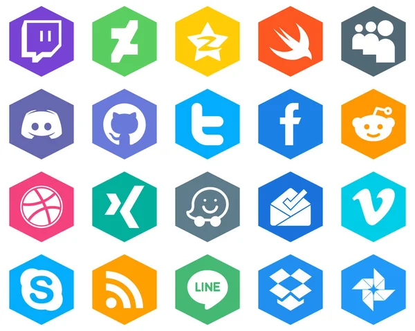 Clean White Icons Reddit Message Facebook Twitter Hexagon Flat Color — Stockvektor