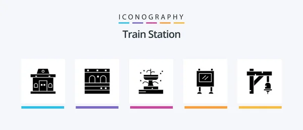 Train Station Glyph Icon Pack Including Train Bell Fountain Poster — Vector de stock