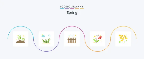 Spring Flat Icon Pack Включаючи Завод Кішки Паркан Природа Подарунок — стоковий вектор