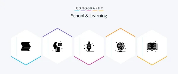School Learning Glyph Icon Pack Including Education Pen Read Globe — Vector de stock