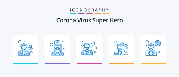 Corona Virus Super Hero Blue Icon Pack Including Hospital Male — Stockvector