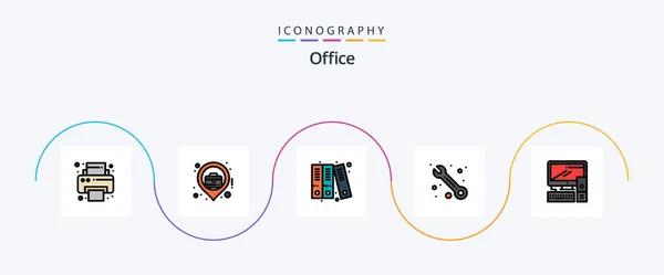 Office Line Filled Flat Icon Pack Including Office Files Equipment — Stok Vektör