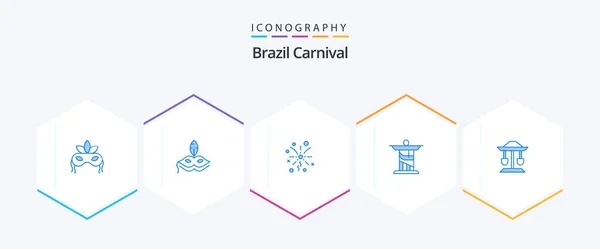 Brazil Carnival Blue Icon Pack Including Christ Balance Well — 图库矢量图片