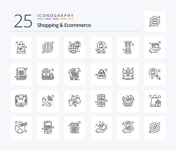Пакет Значков Shopping Ecommerce Line Включая Часы Стекло Глобальный Сумка — стоковый вектор