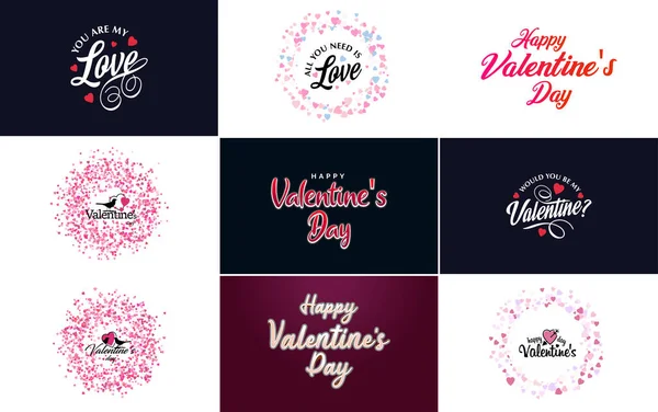 Happy Valentine Day Typography Design Watercolor Texture Heart Shaped Wreath — Archivo Imágenes Vectoriales