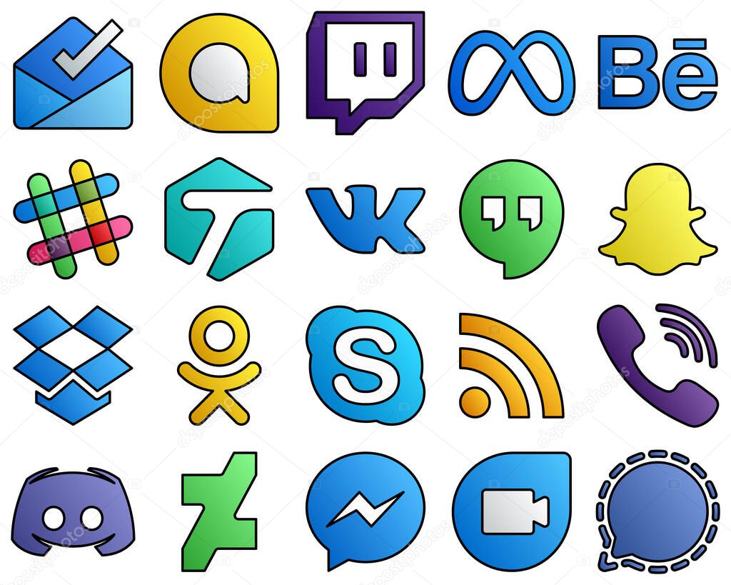 Filled Line Style Social Media Icon Collection viber. rss. vk. chat and odnoklassniki 20 Modern icons