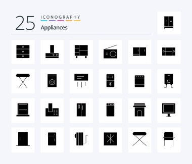 Appliances 25 Solid Glyph icon pack including desk. radio. home. home. appliances