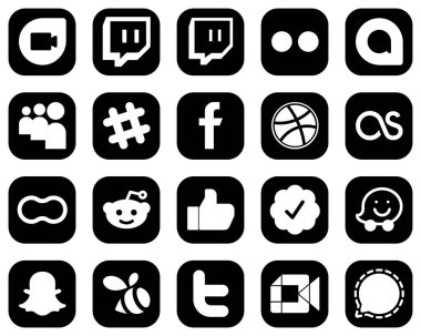 20 High-Quality White Social Media Icons on Black Background such as facebook. reddit. fb. women and peanut icons. Fully editable and unique
