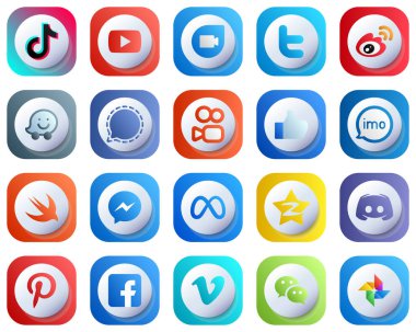 20 Cute 3D Gradient Modern Social Media Icons such as signal. twitter. waze and china icons. Fully Editable and Modern