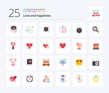 Love 25 Flat Color icon pack including heart. lock. love. heart. present
