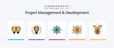 Project Management And Development Line Filled 5 Icon Pack Including development. writing. achieve. content. ribbon. Creative Icons Design