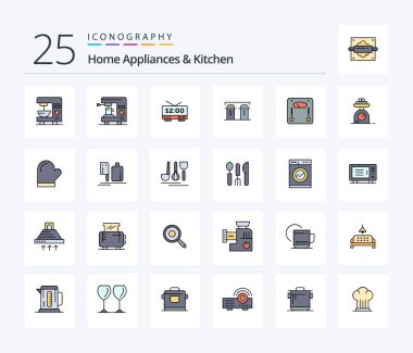Home Appliances And Kitchen 25 Line Filled icon pack including potholder. weight. salt. weighing. machine