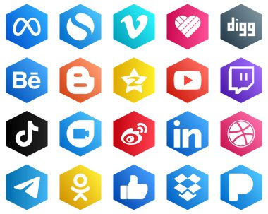 25 Clean White Icons such as douyin. twitch. blogger and video icons. Hexagon Flat Color Backgrounds