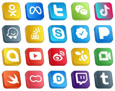 20 Isometric 3D Icons for Top Social Media Platforms such as skype. stock. douyin. question and waze icons. Minimalist and professional
